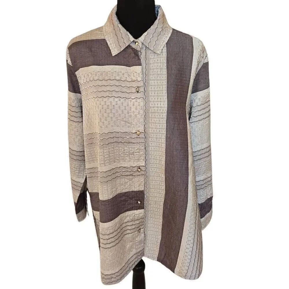 Focus Casual Life Womens Striped Button Front Tunic Blouse Gray White Medium